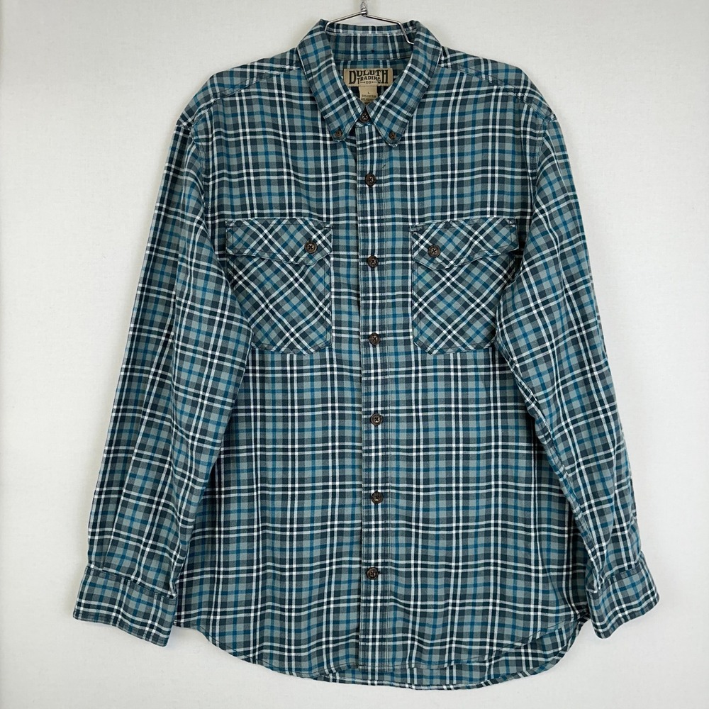 Duluth Trading Plaid Button Shirt Green Blue Men's Large